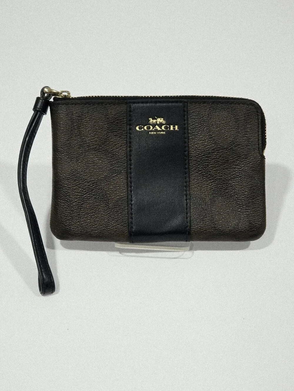 Coach F58035 Signature Canvas Brown Black Corner Zip Wristlet